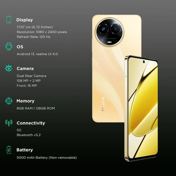 Realme  realme 11 (128GB ROM, 8 GB RAM, RMX3780,Glory Gold - Glory gold