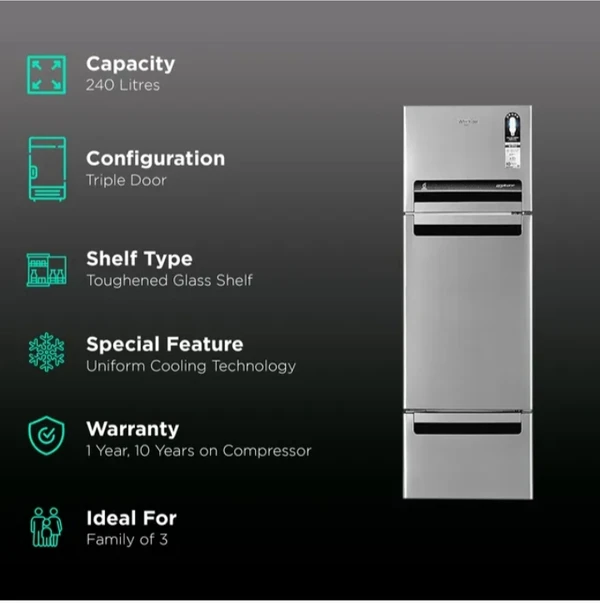 WHIRLPOOL Whirlpool FP 263D Protton Roy 240 Litres Frost Free Triple Door Refrigerator with 6th Sense ActiveFresh Technology (20807, Alpha Steel) - Silver
