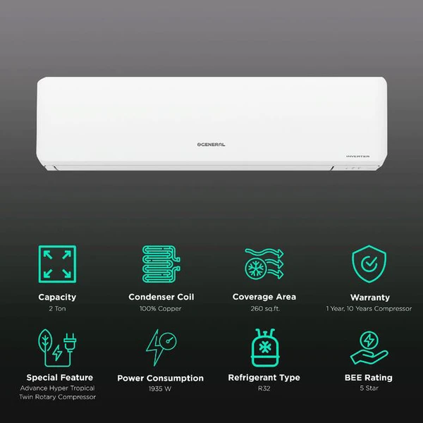 O GENERAL CGT Series 2 Ton 5 Star Inverter Split AC (Copper Condenser, PM 2.5 Filter, ASGG24CGTB-B)