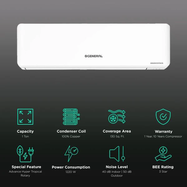 O GENERAL 1 Ton 3 Star Inverter Split AC (2023 Model, Copper Condenser, ASGG12CPAA-B)