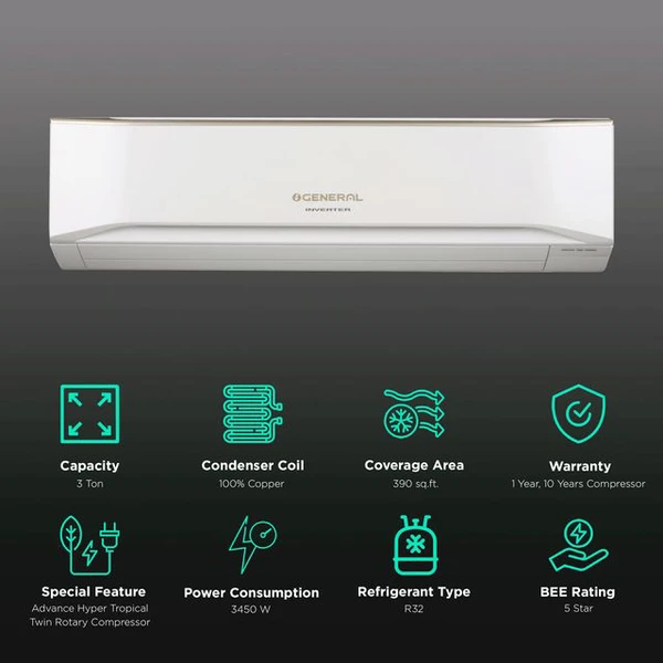 O GENERAL CET Series 3 Ton 5 Star Inverter Split AC (Copper Condenser, PM 2.5 Filter, ASGG36CETAB)