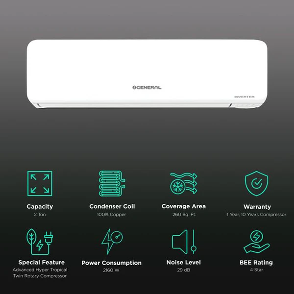 O GENERAL 2 Ton 4 Star Hot & Cold Inverter Split AC (2023 Model, Copper Condenser, AOGG24KJTA-B)