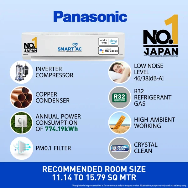 Panasonic  1.5 Ton 5 Star Wi-Fi Inverter Smart Split AC (Copper Condenser, 7 in 1 Convertible with True AI Mode, 4 Way Swing, PM 0.1 Air Purification Filter, Matter Certified, 2024 Model, White)