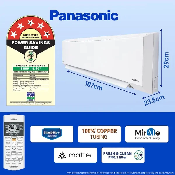 Panasonic  1.5 Ton 5 Star Wi-Fi Inverter Smart Split AC (Copper Condenser, 7 in 1 Convertible with True AI Mode, 4 Way Swing, PM 0.1 Air Purification Filter, Matter Certified, 2024 Model, White)