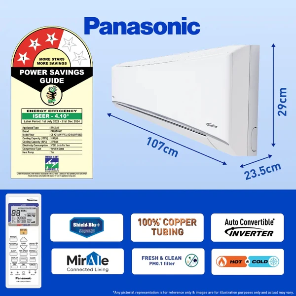 Panasonic  1.5 Ton 3 Star Hot & Cold Wi-Fi Inverter Smart Split AC (Copper Condenser, 7 in 1 Convertible with True AI Mode, 2 Way Swing, PM 0.1 & Ag Clean Plus Air Purification Filter, 2024 Model, White)