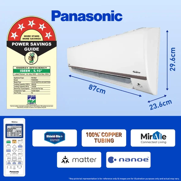 Panasonic  1 Ton 5 Star Wi-Fi Inverter Smart Split AC (7 in 1 Convertible with True AI Mode, 4 Way Swing, Active Air Purification by nanoeX/nanoe-G and real time AQI monitoring, Matter Certified, 2024 Model, White