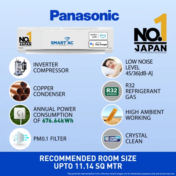 Panasonic  1 Ton 3 Star Wi-Fi Inverter Smart Split AC (Copper Condenser, 7 in 1 Convertible with True AI Mode, 2 Way Swing, PM 0.1 Air Purification Filter, 2024 Model, White