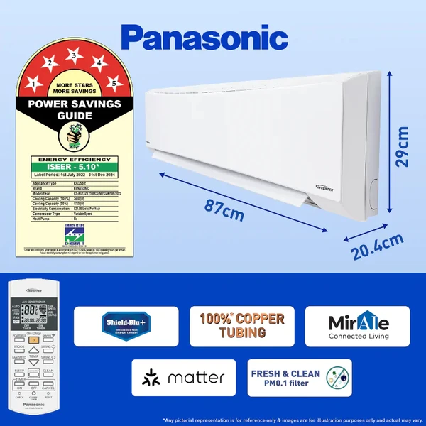 Panasonic  1 Ton 5 Star Wi-Fi Inverter Smart Split AC (Copper Condenser, 7 in 1 Convertible with True AI Mode, 4 Way Swing, PM 0.1 Air Purification Filter, Matter Certified, 2024 Model, White)