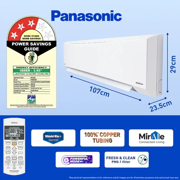 Panasonic  2 Ton 3 Star Wi-Fi Inverter Smart Split AC (Copper Condenser, 7 in 1 Convertible with True AI Mode, 2 Way Swing, PM 0.1 Air Purification Filter, 2024 Model, White)