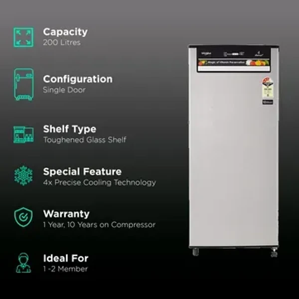 Whirlpool Vitamagic Pro 200 Litres 3 Star Direct Cool Single Door Refrigerator with 6th Sense Intellifrost Technology (215 INV VMPRO PRM, Alpha Steel)