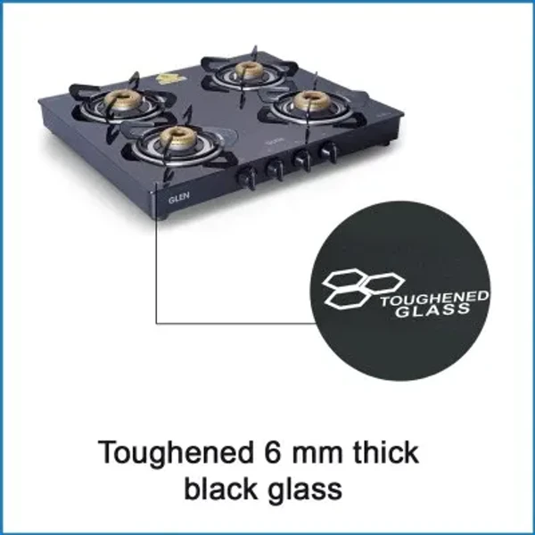 GLEN Glen 4 Burner Glass Gas Stove with Forged Brass Burner 60 CM Black (1041 GT FB BL)