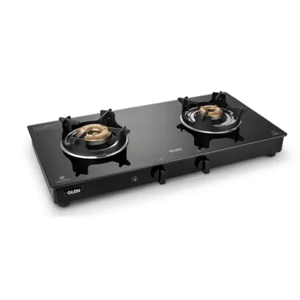 GLEN Glen 2 Burner Glass Gas Stove with High Flame Brass Burner and Crown Pan Supports (CT 1022 GT BB BL HF CP)