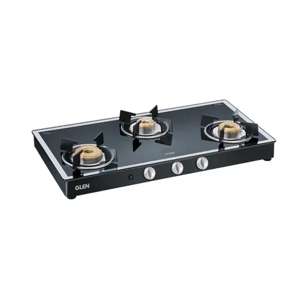 GLEN Glen 3 Burner Black Mirror Finish Glass Gas Stove High Flame Forged Brass Burner Auto Ignition Black (1038GTFBMBLAI)