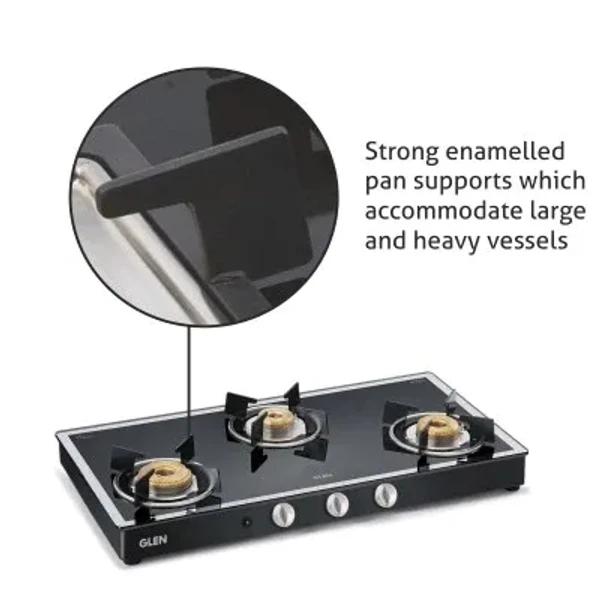 GLEN Glen 3 Burner Black Mirror Finish Glass Gas Stove High Flame Forged Brass Burner Auto Ignition Black (1038GTFBMBLAI)