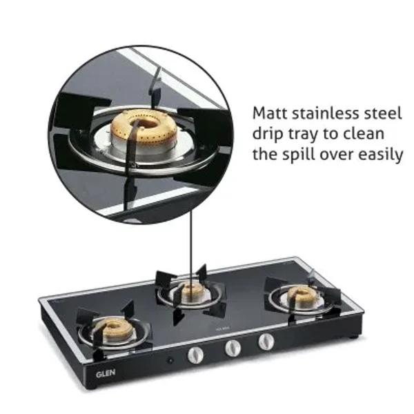 GLEN Glen 3 Burner Black Mirror Finish Glass Gas Stove High Flame Forged Brass Burner Auto Ignition Black (1038GTFBMBLAI)