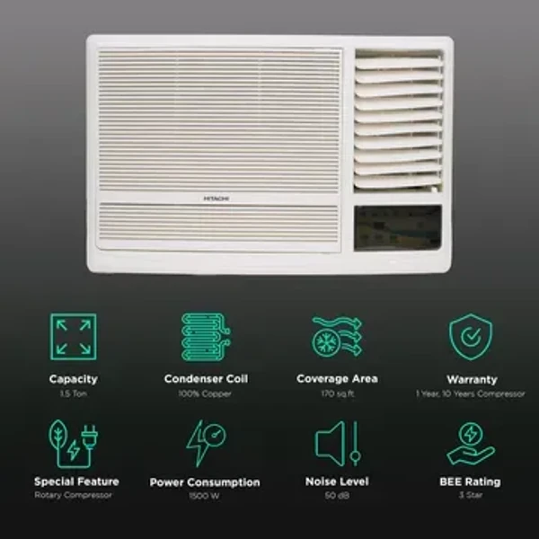 hitachi HITACHI Kaze Plus 1.5 Ton 3 Star Window AC (2023 Model, Copper Condenser, RAW318HFDOF)