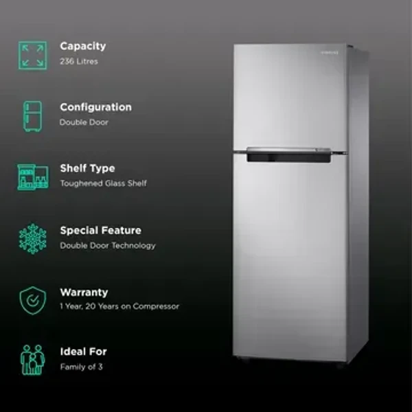 SAMSUNG 236 Litres 2 Star Frost Free Double Door Refrigerator with Digital Inverter Technology (RT28C3032GS/HL, Gray Silver)