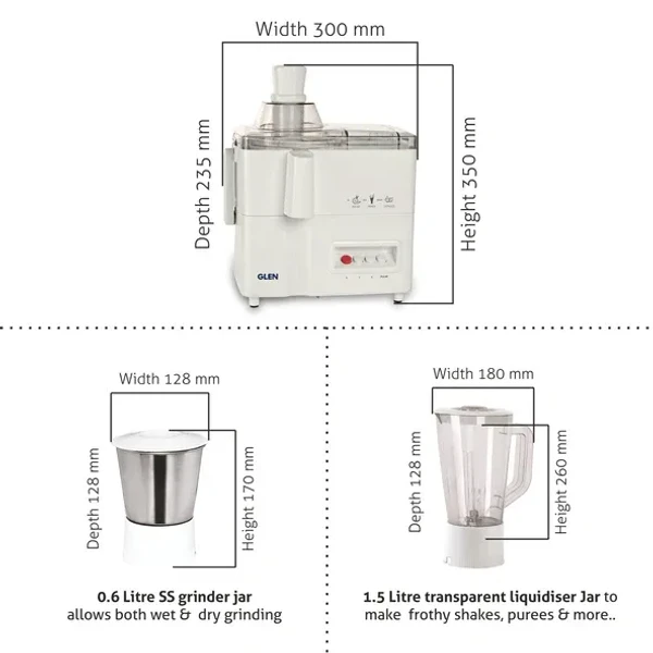 Glen 3-in-1 Juicer Mixer Grinder 500W with 1 Transparent Liquidiser, 1 Stainless Steel Grinder Jars - White (4010)
