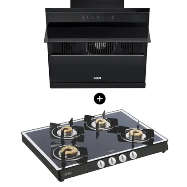 GLEN 4 Burner Gas Stove Mirror Finish Forged Brass Burner Auto Ignition (1048 GT FBM BL AI) + Auto Clean Chimney with Motion Sensor 90cm 1200m3/h (CH6073SXAC90)