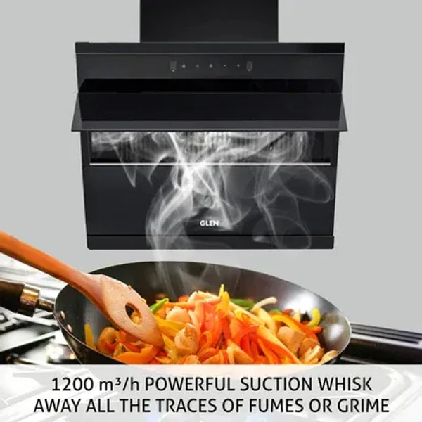 GLEN 4 Burner Gas Stove Mirror Finish Forged Brass Burner Auto Ignition (1048 GT FBM BL AI) + Auto Clean Chimney with Motion Sensor 90cm 1200m3/h (CH6073SXAC90)