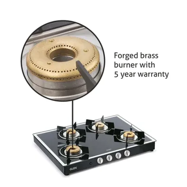 GLEN 4 Burner Gas Stove Mirror Finish Forged Brass Burner Auto Ignition (1048 GT FBM BL AI) + Auto Clean Chimney with Motion Sensor 90cm 1200m3/h (CH6073SXAC90)