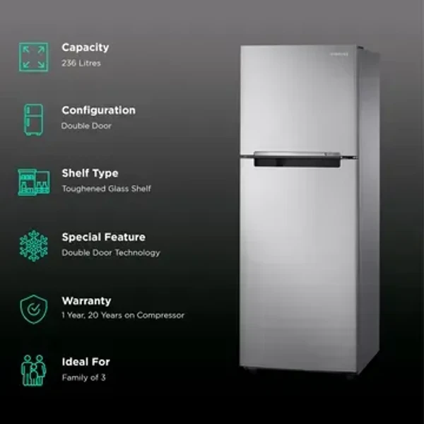 SAMSUNG 236 Litres 2 Star Frost Free Double Door Refrigerator with Digital Inverter Technology (RT28C3032GS/HL, Gray Silver) - 236 Litres