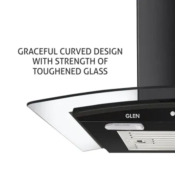 Glen Kitchen Chimney Curved Glass with Push Button Baffle filters 60cm 1000 m3/h -Black (6070 JU BL)