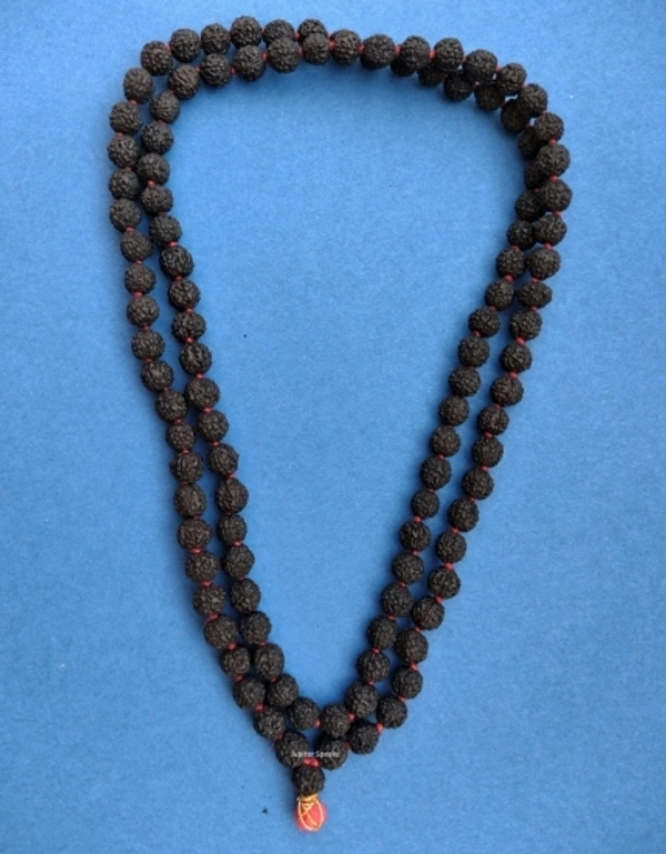  Rudraksha Mala 8MM Panchmukhi Bead 108 + 1 Nos Black Color 48 cm Long Japa Puja Wood Chain