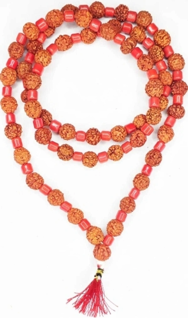 Rudraksha Mala With Red Moonga Original Rudraksha Moonga Mala For Japa Mala For Mens and Womens Wood Chain