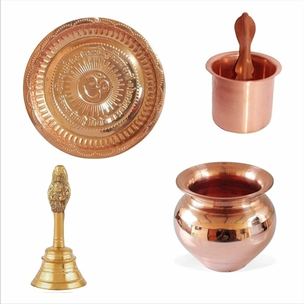 Brass & Copper Pooja Samagri || Combo of 5 Set, Copper OM Plate, Brass Pooja Bell/Ghanti and Copper Kalash Lota with Panch Patra/Achmani Pali Best Items for Temple/Home/Gifts for All Pooja Purpose, (Pack of 1) Brass, Copper