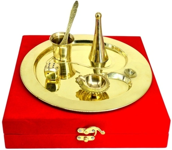  Pooja Thali Set, OM Shape Thali, Brass Material Thali Set for Diwali Pujan, Navratri Pujan, (Brass, Velvet Box) Brass