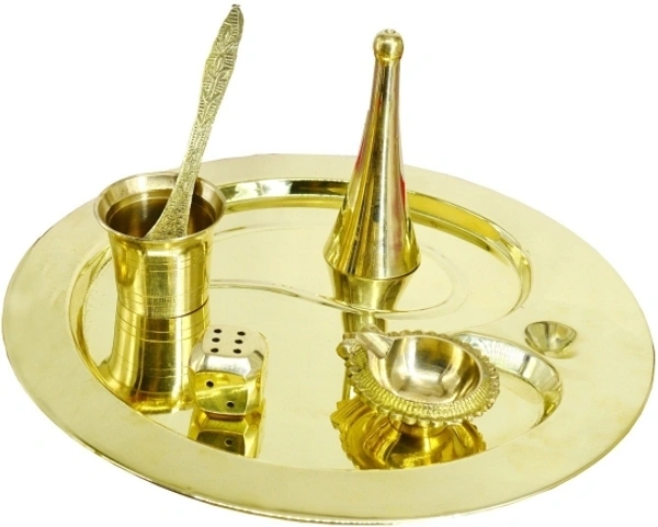  Pooja Thali Set, OM Shape Thali, Brass Material Thali Set for Diwali Pujan, Navratri Pujan, (Brass, Velvet Box) Brass