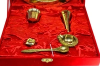  Pooja Thali Set, OM Shape Thali, Brass Material Thali Set for Diwali Pujan, Navratri Pujan, (Brass, Velvet Box) Brass
