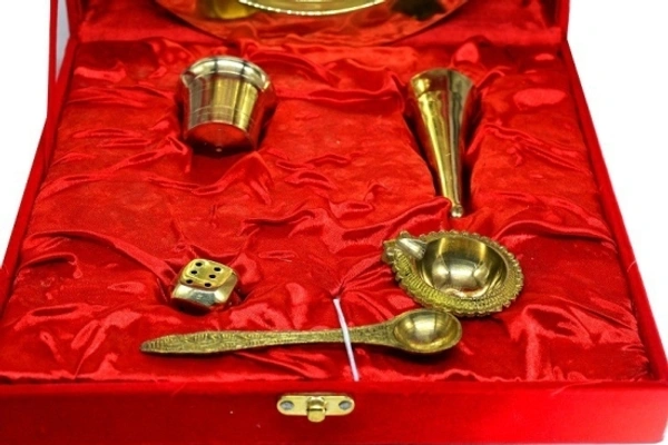  Pooja Thali Set, OM Shape Thali, Brass Material Thali Set for Diwali Pujan, Navratri Pujan, (Brass, Velvet Box) Brass