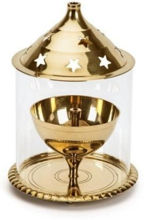  Akhand Diya with Borosil Glass Chimney Brass Table Diya