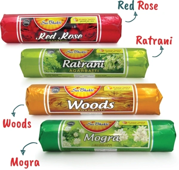 Incense Stick Pack of 4 each 250 gm Mogra, Woods, Ratrani, Woods