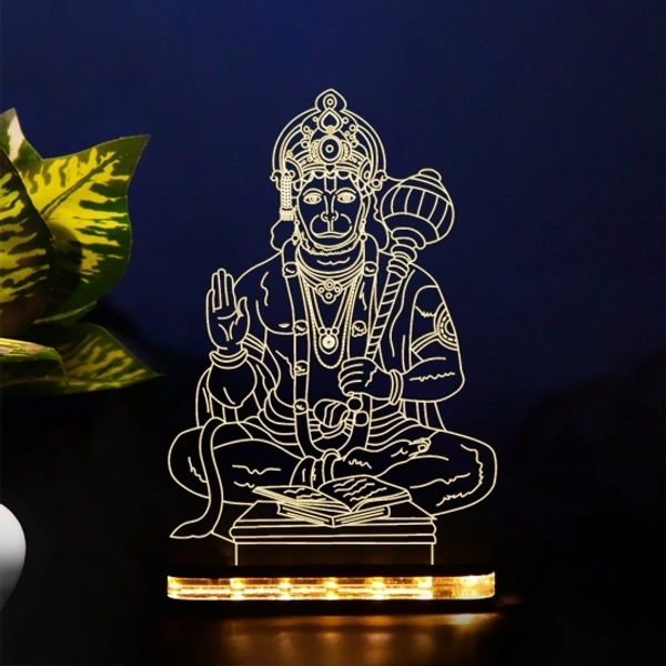 Lord Hanuman Acrylic Night lamp for Home, Mini Temple with Wooden Base and 12V 1 amp Adapter ( Warm White Light ) Table Lamp
