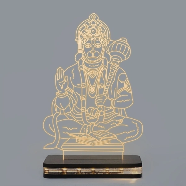Lord Hanuman Acrylic Night lamp for Home, Mini Temple with Wooden Base and 12V 1 amp Adapter ( Warm White Light ) Table Lamp