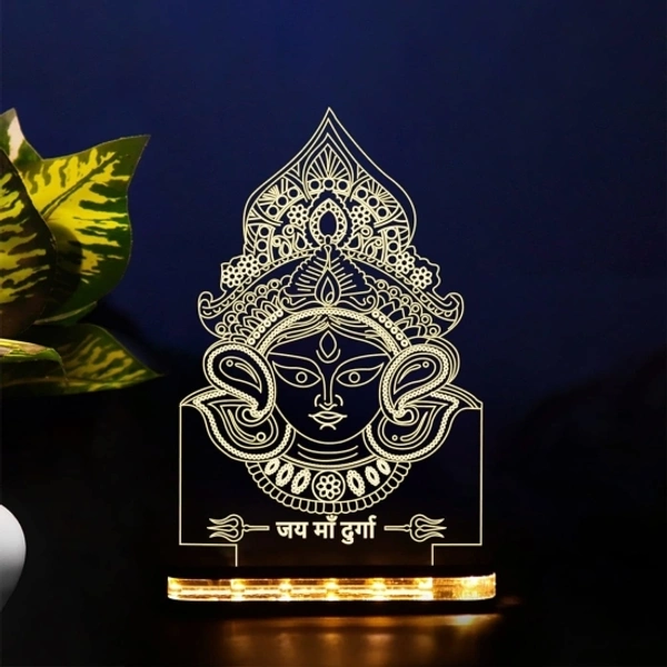 Goddess Maa Durga 3D Acrylic Table lamp for Home Decor Warm White Light with 12V 1 amp Adapter (Wooden Base) Table Lamp