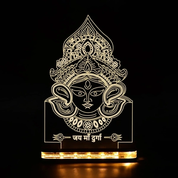 Goddess Maa Durga 3D Acrylic Table lamp for Home Decor Warm White Light with 12V 1 amp Adapter (Wooden Base) Table Lamp