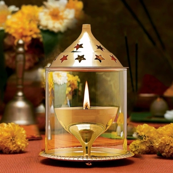 Brass Akhand Diya with Borosilicate Glass Brass Table Diya Set