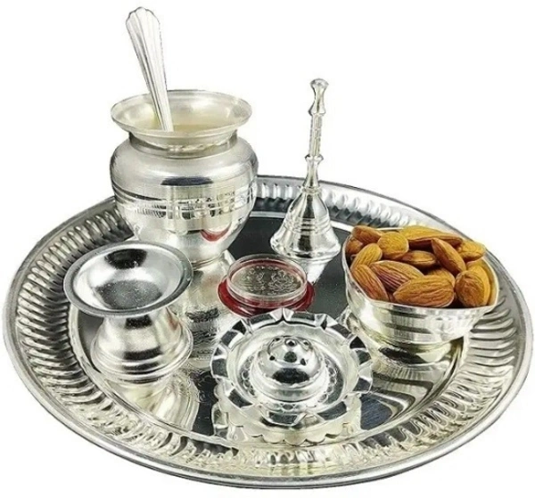 Combo of Puja Thali,Ganti,Panch patra,lota Indian Cultural Religious Item Best for Temple Copper