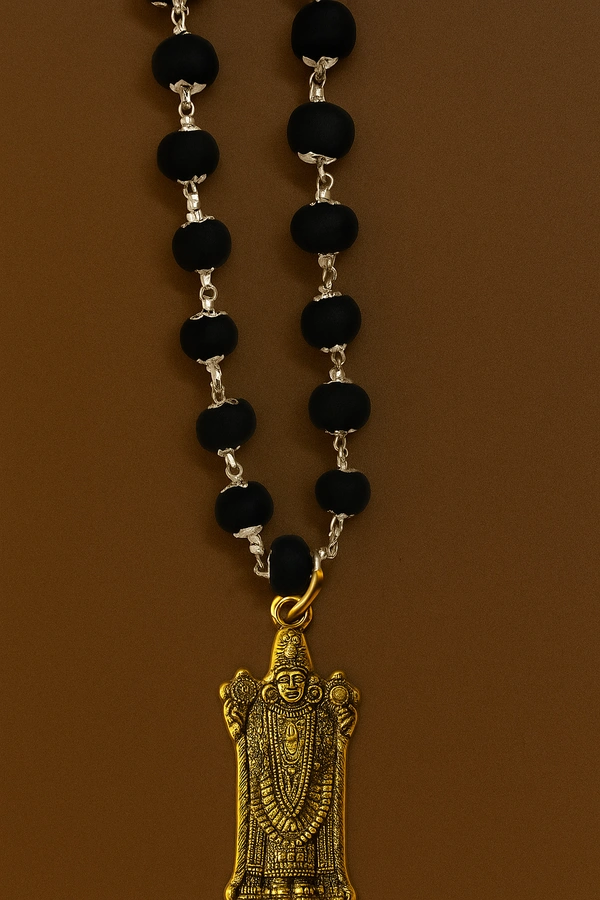 Original German Silver Karungali 6.5 mm Mala with Triupati Balaji Pendant with Certificate