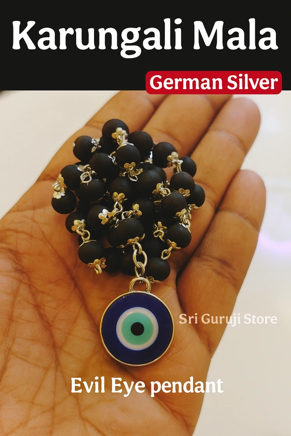 Original German Silver Karungali 6.5 mm mala with Evil Eye Locket with Certificate