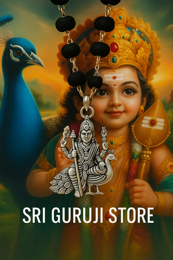Original German Silver Karungali 6.5mm Mala with Lord Murgan with Peacock Pendantwith Certificate”