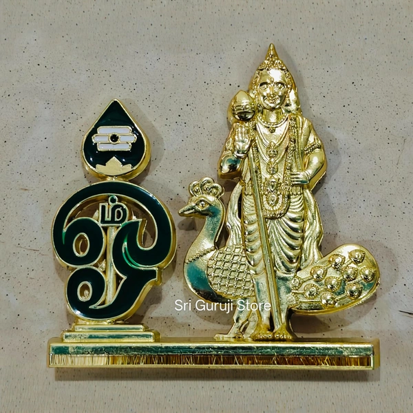 Lord Kartikeya Idol and Om  for Car Dashboard, Metal, 1 Piece (Gold Colour) 2.5 inch - 