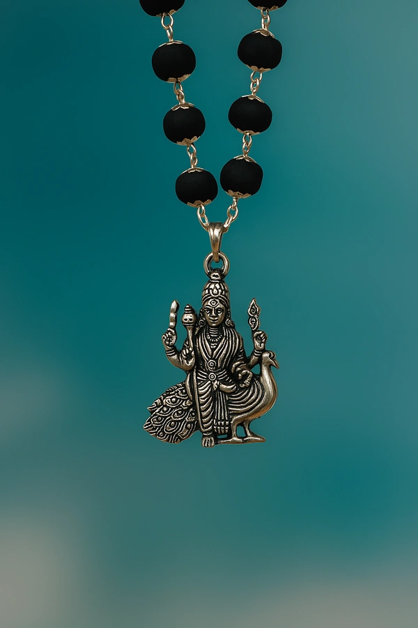 Original German Silver Karungali 6.5mm Mala with Lord Murgan with Peacock Pendantwith Certificate”