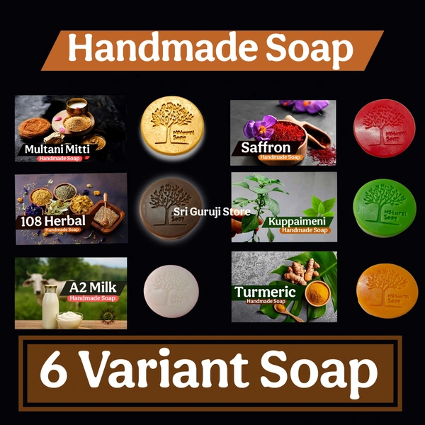 Saffron , Multani Mitti , Kuppaimeni, A2 Milk , Turmeric, 108 Herbal Handmade Soap - 6pcs - 