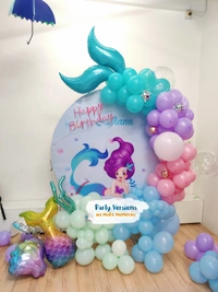 Round Theme & Balloons Decor  - 7x7ft & 5.5ft Backdrop, Multicolour