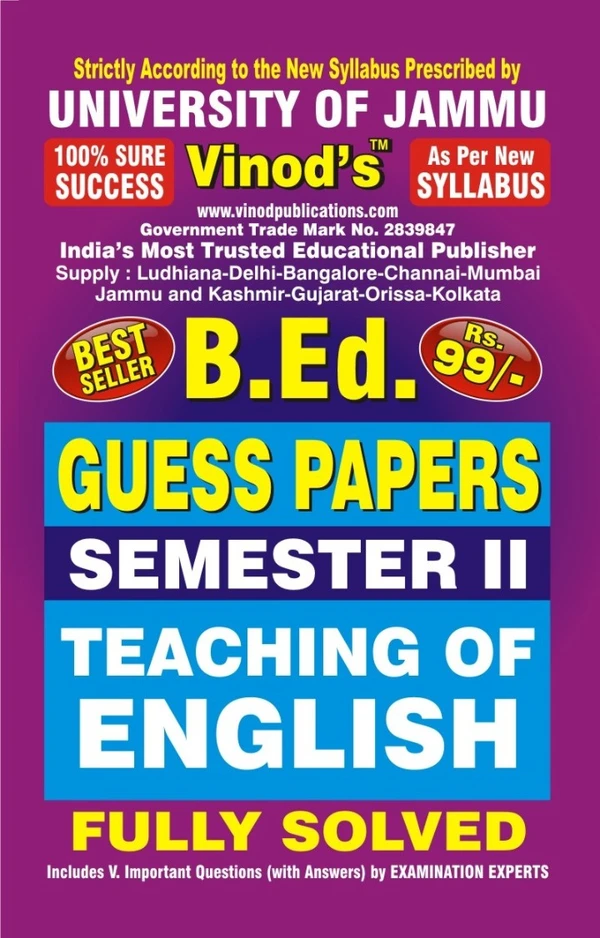 Vinod 204 (E) GP - Teaching of English JU Guess Papers Semester - II B.Ed. Jammu University - Vinod Publications Book